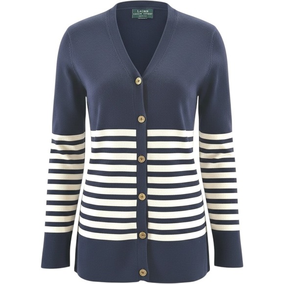 Lauren Ralph Lauren Sweaters - Lauren Ralph Lauren Cardigan Womens M Petite Navy Striped Gold Button Nautical‎